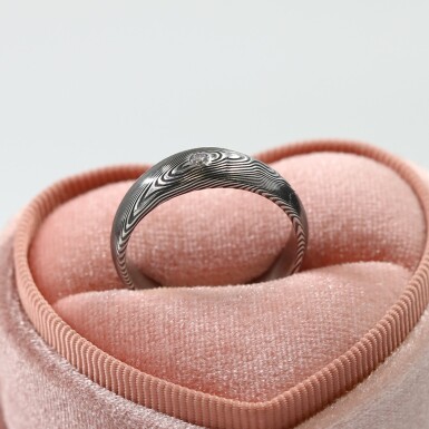 Prima wood + Moissanite stone - Forged stainless steel damasteel wedding ring, size 61, CR6106