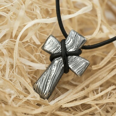 Cross - water dark pattern - damascus steel pendant